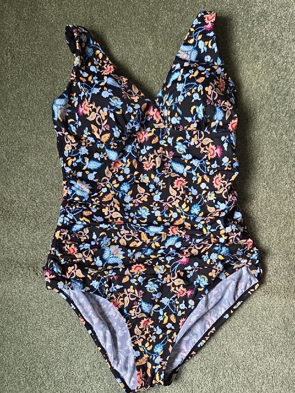 Jantzen Black Floral One-Piece Swimsuit with Blue, Pink, and Yellow Flowers